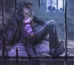  abs bad_id bad_pixiv_id belt black_hair bxyzic gakuran hat jojo_no_kimyou_na_bouken kuujou_joutarou long_coat male_focus prison_cell school_uniform solo 