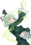  ahoge dress electricity ghost green_dress green_eyes green_hair hat looking_at_viewer pose rokuwata_tomoe short_hair simple_background smile smirk soga_no_tojiko solo tate_eboshi touhou white_background 