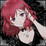  breasts choker cleavage earrings hair_ornament hairpin hand_in_hair jewelry looking_at_viewer medium_breasts neck_ribbon necklace okazaki_yumemi pink_eyes purple_eyes red_hair ribbon short_hair smile solo swing_holic touhou tsukimido 