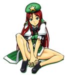  arm_support bare_legs beret blue_eyes braid chestnut_mouth chinese_clothes hair_ribbon hand_on_hand hat hong_meiling kagehito long_hair looking_at_viewer puffy_short_sleeves puffy_sleeves red_hair ribbon shoes short_sleeves sitting solo star tangzhuang thighs touhou tress_ribbon twin_braids 