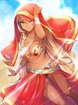  al-zahir_baibars bandages blonde_hair blue_eyes braid breasts cleavage dark_skin hair_between_eyes heterochromia long_hair medium_breasts navel original sengoku_collection settyaro side_braid sky smile solo veil very_long_hair white_eyes 