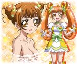  bow brown_eyes brown_hair choker clenched_hands collarbone cure_rosetta curly_hair dokidoki!_precure double_bun dual_persona earrings flower frills green_choker hair_flower hair_ornament hair_ribbon hanzou jewelry long_hair magical_girl multiple_girls orange_background precure ribbon short_hair skirt smile sparkle topless twintails wrist_cuffs yotsuba_alice 