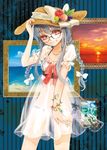  alternate_costume alternate_hairstyle apple beach bespectacled blue_skirt bow bracelet braid dress food fruit glasses grin hair_ribbon hand_on_headwear hat hat_bow highres hinanawi_tenshi jewelry long_hair looking_at_viewer necklace painting_(object) panties peach pink_eyes ribbon rikapo see-through silver_hair skirt smile solo straw_hat sun_hat sunset touhou twin_braids underwear very_long_hair white_dress white_panties 
