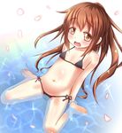  :d barefoot bikini blush brown_eyes brown_hair covered_nipples flat_chest fumizuki_(kantai_collection) highres kantai_collection kapu_(tetete8901) leaning_back long_hair looking_at_viewer micro_bikini navel open_mouth partially_submerged petals ponytail side-tie_bikini sitting smile solo swimsuit wariza water 