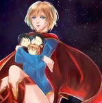  1girl alien blonde_hair blue_eyes cape dc_comics flying kryptonian leotard plushie power_girl red_cape red_shoes s_shield shoes solo stuffed_animal superboy supergirl superman superman_(series) toy 