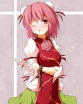  bad_id bad_pixiv_id bandages blush brooch bun_cover chain chinese_clothes cuffs double_bun flower green_skirt hair_ribbon hokke_(iky9917) ibaraki_kasen jewelry long_sleeves one_eye_closed open_mouth pink_eyes pink_hair puffy_sleeves ribbon rose shackles short_hair skirt solo tabard touhou 