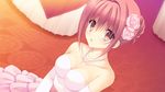  1girl bare_shoulders breasts brown_eyes brown_hair cleavage dress elbow_gloves flower game_cg gloves highres jewelry large_breasts looking_at_viewer necklace open_mouth short_hair sitting solo sora_tobu_hitsuji_to_manatsu_no_hana:_when_girls_wish_upon_a_star surprised 