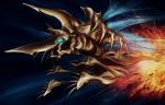  alien blue_eyes bug byneet daiei_film explosion fire flying gamera_(series) giant_monster glowing glowing_eyes insect kadokawa_daiei_studio kaijuu legion_(gamera) monster simple_background wings 