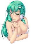  :q bikini_top breasts cleavage frog_hair_ornament green_eyes green_hair hair_ornament highres kochiya_sanae large_breasts long_hair looking_at_viewer shiny shiny_skin simple_background snake_hair_ornament solo strap_gap tongue tongue_out touhou tsugaru_(co-walker) white_background 