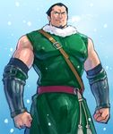  329 arm_guards bad_id bad_pixiv_id belt black_eyes black_hair blue_sky breath clenched_hands covered_nipples cowboy_shot dalton_(one_piece) facial_hair goatee hair_slicked_back looking_away male_focus muscle one_piece package sketch sky smile snow snowing solo standing tunic 