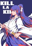  alternate_costume alternate_hairstyle blue_background blue_eyes blue_hair blue_hakama copyright_name hakama highres japanese_clothes katana kill_la_kill kiryuuin_satsuki long_hair ponytail sheath solo sword unsheathing weapon wide_sleeves yorukun 