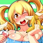  banana blonde_hair breasts cleavage food fruit headphones large_breasts long_hair nitroplus nokoppa one_eye_closed sexually_suggestive solo_focus super_pochaco twintails yellow_eyes 