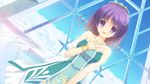  1girl bare_shoulders blush breasts cloud clouds crown dress game_cg happy highres looking_at_viewer medium_breasts open_mouth purple_eyes purple_hair short_hair sky smile solo sora_tobu_hitsuji_to_manatsu_no_hana:_when_girls_wish_upon_a_star standing 