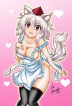  animal_ears apron armpits bad_id bad_pixiv_id black_legwear breasts cleavage fang hand_on_own_chest hat heart inubashiri_momiji kuga_zankurou large_breasts looking_at_viewer open_mouth pink_background short_hair silver_hair solo tail tokin_hat touhou wolf_ears wolf_tail 
