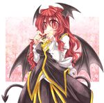  alternate_costume armband blush breasts covering_mouth demon_tail demon_wings dress dress_shirt floral_background gradient gradient_background hair_intakes head_wings heart heart_hands koakuma layered_dress long_hair long_sleeves looking_at_viewer medium_breasts mumumu red_eyes red_hair shirt slit_pupils solo tail touhou wings 