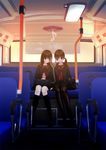  :d animal_ears bad_id bad_pixiv_id bag black_legwear brown_eyes brown_hair bunny_ears bus bus_interior chikuwa_(odennabe) digital_media_player earphones ground_vehicle kneehighs loafers long_hair motor_vehicle multiple_girls musical_note open_mouth original pantyhose school_bag school_uniform serafuku shared_earphones shoes side-by-side sitting smile twintails yuri 