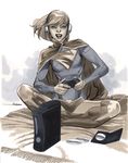  1girl alien blonde_hair cape controller dc_comics disk game headphones indian_style kryptonian leotard red_cape rug s_shield sitting solo supergirl superman_(series) 