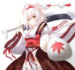  animal_ears armpits bad_id bad_pixiv_id bare_shoulders detached_sleeves hat inubashiri_momiji kourindou_tengu_costume looking_at_viewer over_shoulder pom_pom_(clothes) shield short_hair silver_hair simple_background solo sword tail tokin_hat touhou weapon weapon_over_shoulder white_background wolf_ears wolf_tail yellow_eyes 