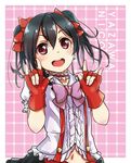  \m/ black_hair blush bokura_wa_ima_no_naka_de bow buttons character_name choker double_\m/ earrings fingerless_gloves frilled_shirt frilled_sleeves frills gloves hair_bow idol jewelry looking_at_viewer love_live! love_live!_school_idol_project minase_yuki navel open_mouth pink_background pink_bow red_bow red_eyes red_gloves shirt short_hair short_sleeves smile solo twintails yazawa_nico 