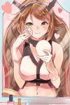 applying_makeup bad_id bad_pixiv_id bare_shoulders blush breasts brown_hair gloves green_eyes headgear kantai_collection large_breasts makeup mirror mutsu_(kantai_collection) rouge_(makeup) short_hair solo surumeri_(baneiro) white_gloves 