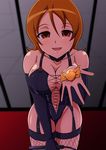  aokura_shou bdsm breasts brown_eyes brown_hair candy collar dominatrix elbow_gloves food gloves happinesscharge_precure! highres large_breasts looking_at_viewer oomori_yuuko open_mouth precure smile solo thigh_gap whip 
