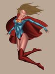  1girl alien blonde_hair boots cape dc_comics fingerless_gloves flying full_body gloves kryptonian leotard red_cape red_shoes s_shield shoes simple_background skin_tight solo supergirl superman_(series) 