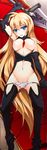  1girl blonde_hair blue_eyes blush breasts dakimakura elbow_gloves female gloves long_hair looking_at_viewer lying nakajou navel nipples on_back scan solo sword weapon 