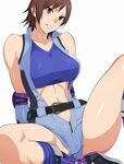  bare_shoulders belt boots breasts brown_hair collarbone grin highres jumpsuit kazama_asuka large_breasts looking_at_viewer red_eyes short_hair sitting smile solo teeth tekken tetsuo_(tetuo1129) thighs white_background zipper 
