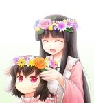  :3 ^_^ animal_ears black_hair blush bunny_ears closed_eyes daisy dandelion flower head_wreath hime_cut houraisan_kaguya hydrangea inaba_tewi japanese_clothes long_hair long_sleeves morioka_itari multiple_girls open_mouth orange_flower orange_rose pink_flower pink_rose putting_on_headwear red_eyes rose short_hair simple_background touhou very_long_hair white_background wreath 