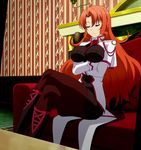 boots breast_hold breasts closed_eyes couch crossed_arms crossed_legs highres large_breasts legs long_hair long_legs pantyhose rebecca_randall red_hair screencap seikoku_no_dragonar solo thighs 