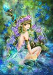  bare_shoulders barefoot braid bug butterfly flower green_eyes green_hair hair_flower hair_ornament insect lips manbosakuranbo md5_mismatch nature original pointy_ears smile solo staff water wavy_mouth 