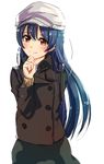  alternate_costume arm_behind_back black_skirt blue_hair blush brown_coat brown_eyes buttons casual coat hand_on_own_chin hat highres long_hair long_sleeves looking_at_viewer love_live! love_live!_school_idol_project minase_yuki simple_background skirt smile solo sonoda_umi standing white_background 