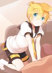  :t all_fours aqua_eyes blonde_hair kagamine_len male_focus matsyumaro necktie pout shorts socks solo vocaloid yellow_neckwear 