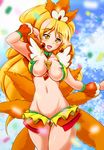  adapted_costume alternate_form areolae blonde_hair blush breasts choker coconut_samba cowboy_shot cure_honey earrings feathers green_choker hair_ornament happinesscharge_precure! highres jewelry large_breasts long_hair looking_at_viewer multicolored multicolored_background navel oomori_yuuko orange_(color) outstretched_arms precure pubic_hair samba smile solo spread_arms tamo_(nama-yatsuhashi) wavy_hair yellow_eyes 