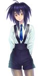  arms_behind_back blue_hair melfina_(outlaw_star) necktie outlaw_star pantyhose quot smile solo spiked_hair suspenders yellow_eyes 
