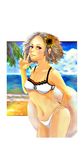  beach bikini blonde_hair blue_eyes breasts day emily0302 flower hair_flower hair_ornament highres innertube metal_gear_(series) metal_gear_solid_peace_walker navel ocean paz_ortega_andrade short_hair small_breasts solo sunflower swimsuit white_bikini 