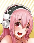  bad_id bad_pixiv_id bikini headphones looking_at_viewer nitroplus open_mouth pink_eyes pink_hair red_eyes smile solo super_sonico sweat swimsuit wakamesan 