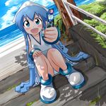  beach blue_eyes blue_hair blush bottle dress dress_lift hat highres ikamusume long_hair looking_at_viewer ocean open_mouth panties ramune rokushaku_neko shinryaku!_ikamusume sitting sitting_on_stairs solo stairs tentacle_hair underwear white_panties 