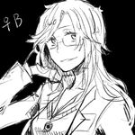  arm_up bad_id bad_pixiv_id black_background collarbone collared_shirt freckles glasses greyscale grin hand_in_hair hongcha_(roels) jack_bright jewelry labcoat long_hair looking_at_viewer lowres monochrome necklace parted_lips scp-963 scp_foundation shirt simple_background smile solo teeth venus_symbol 
