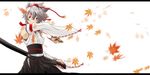  absurdres alternate_costume animal_ears armpits autumn_leaves bare_shoulders detached_sleeves hat highres inubashiri_momiji leaf looking_at_viewer pom_pom_(clothes) short_hair silver_hair simple_background solo sword tokin_hat touhou tyomo weapon weapon_bag white_background wolf_ears 