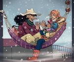  1girl 2boys black_hair hammock hat jacket multiple_boys nami nami_(one_piece) one_piece orange_hair reindeer smile snow tony_tony_chopper trio usopp 