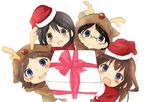  animal_costume antlers bare_shoulders brown_hair detached_sleeves double_bun glasses hair_ornament hairband haruna_(kantai_collection) hat hatamichi_(ichibata5656) headgear hiei_(kantai_collection) japanese_clothes kantai_collection kirishima_(kantai_collection) kongou_(kantai_collection) long_hair looking_at_viewer multiple_girls nontraditional_miko reindeer_antlers reindeer_costume round_eyewear santa_costume santa_hat younger 