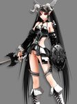 1girl 3d black_hair breasts calne_ca female horns long_hair looking_at_viewer maeda_koutarou original pointy_ears red_eyes shield solo standing sword tattoo twintails weapon 