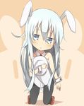  alternate_costume animal_ears blue_eyes blush bunny_ears bunnysuit hat hat_removed headwear_removed hibiki_(kantai_collection) kantai_collection long_hair looking_at_viewer nonono_(mino) pantyhose silver_hair solo verniy_(kantai_collection) wrist_cuffs |_| 