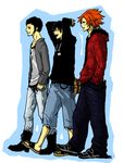  3boys alternate_costume contemporary eustass_captain_kid male male_focus monkey_d_luffy multiple_boys one_piece red_hair sandals trafalgar_law trio walking 