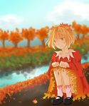  aki_shizuha ankle_socks autumn autumn_leaves bad_id bad_pixiv_id blonde_hair blue_sky blurry clenched_hands cloud collarbone day depth_of_field dress hair_ornament hands_on_own_knees highres hinamichi. leaf_hair_ornament long_sleeves looking_down mary_janes shoes short_hair sky smile solo squatting stream touhou tree yellow_eyes 