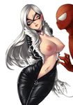  1girl arms_behind_back bad_id bad_pixiv_id bdsm black_cat_(marvel) bodysuit bondage bound bound_arms breasts center_opening choker felicia_hardy fur_trim green_eyes large_breasts lips long_hair marvel mask navel_piercing nipples one_eye_closed open_mouth piercing simple_background smile spider-man spider-man_(series) thigh_gap unzipped white_background white_hair yin-ting_tian 