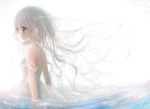  1girl bare_shoulders brown_eyes detached_sleeves dress earrings jewelry long_hair looking_away mari_(marixrian) simple_background solo water white_background white_bakcground white_dress white_hair wind 