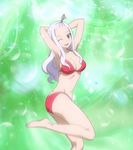  1girl arm_up barefoot bikini blue_eyes breasts cleavage fairy_tail feet highres kodansha large_breasts looking_at_viewer mirajane mirajane_strauss navel open_mouth screencap stitched swimsuit white_hair wink 