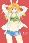  agahari arms_up blue_eyes blush breasts charlotte_e_yeager crop_top cutoffs denim denim_shorts large_breasts long_hair looking_at_viewer midriff navel orange_hair parted_lips red_background shirt short_shorts shorts smile solo strike_witches tank_top taut_clothes taut_shirt underboob world_witches_series 